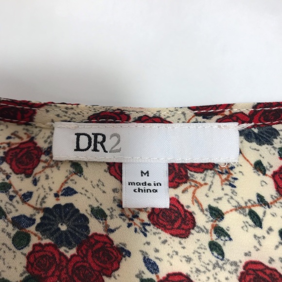DR2 Cream Red Blue Floral Print Long Sleeve Notch Neck Blouse Size M - Picture 13 of 15